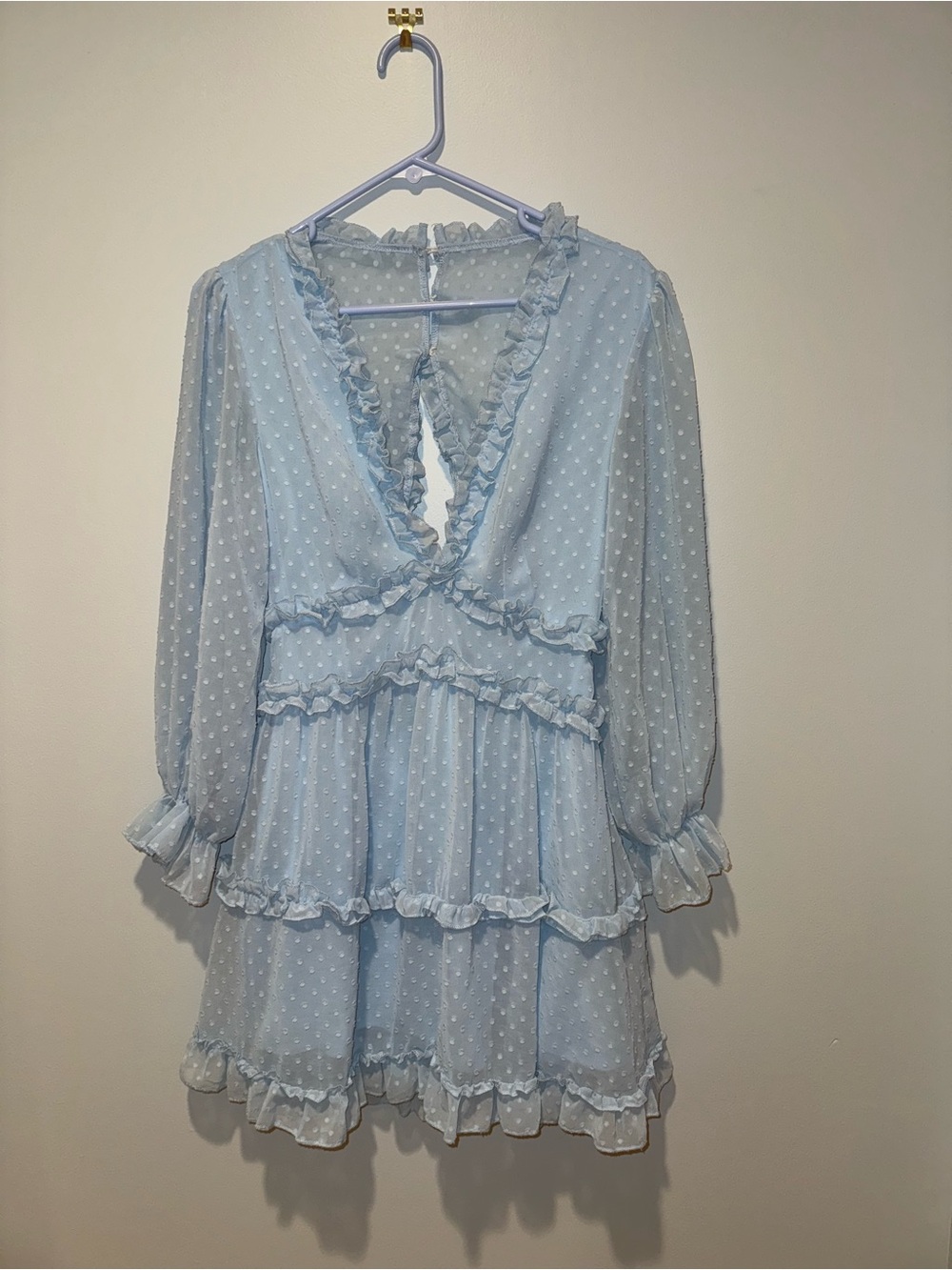 Light Blue Mini Dress Size S Sheer Ruffle Tiered Babydoll